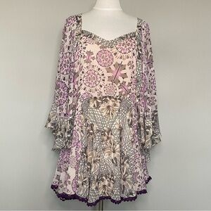 Free People Floral Geometric Printed Flutter Wing Sleeve Tunic Mini Dress, Small
